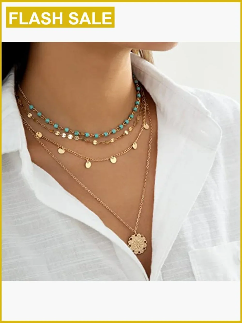 14K Gold Plated Layered Choker Necklace Set with Turquoise Stone Pendants - Picture 2 of 7